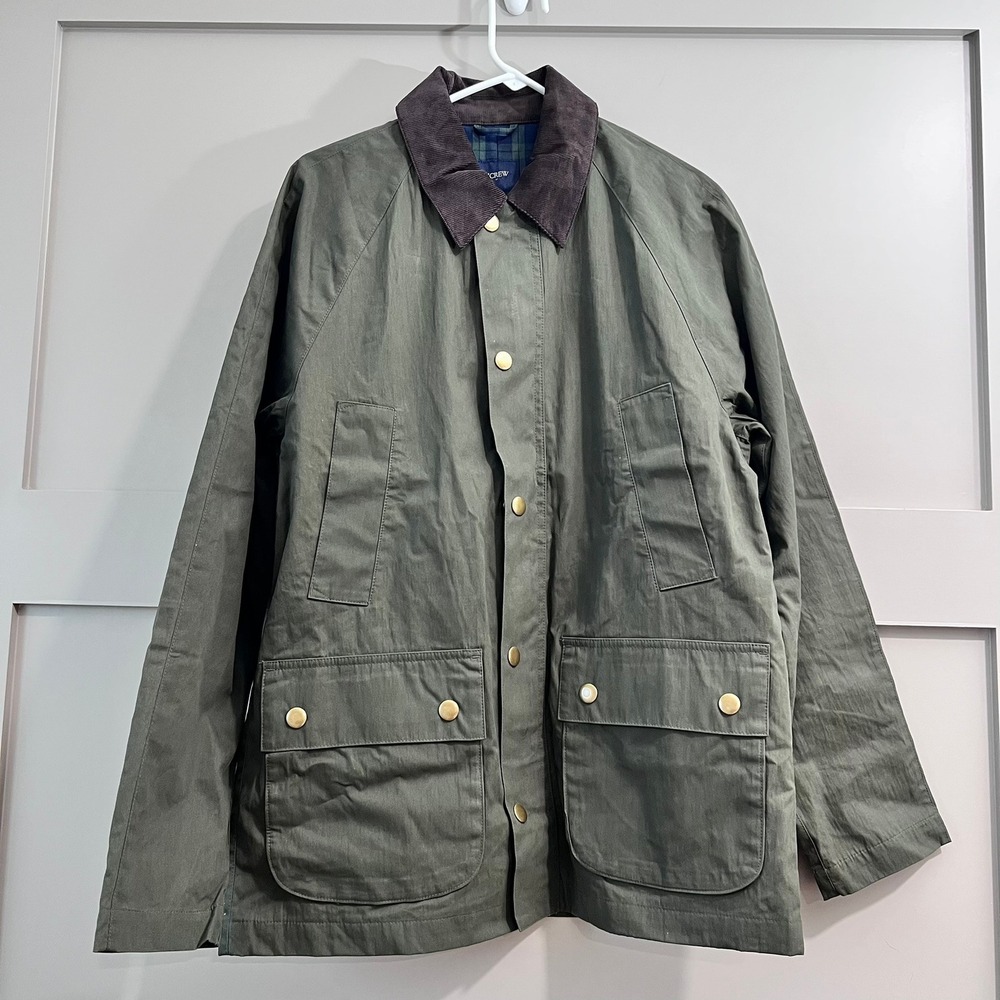 J.Crew Barn Field Jacket Mens Small Green Waxed Cotton Plaid Lined Zip $298 NEW
